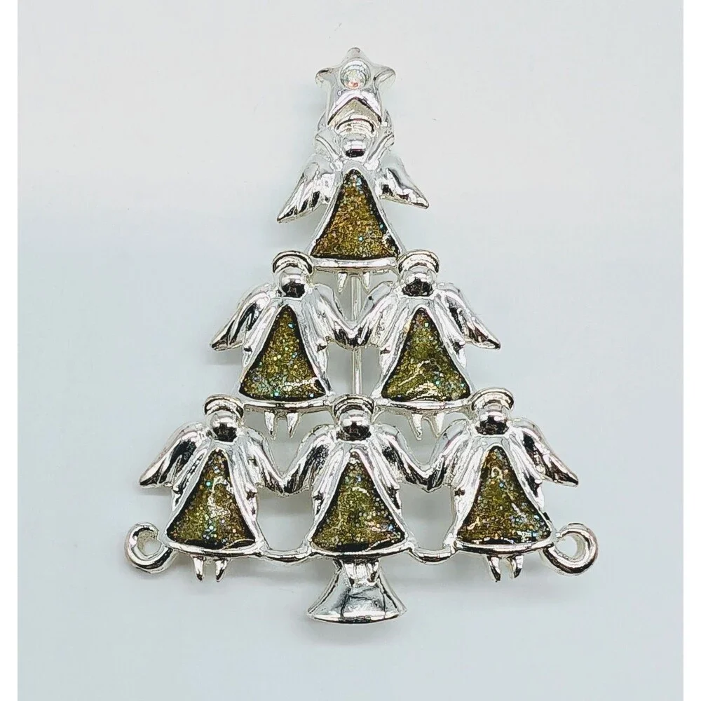 Silver Tone Enamel Christmas Tree Brooch Pin Angels